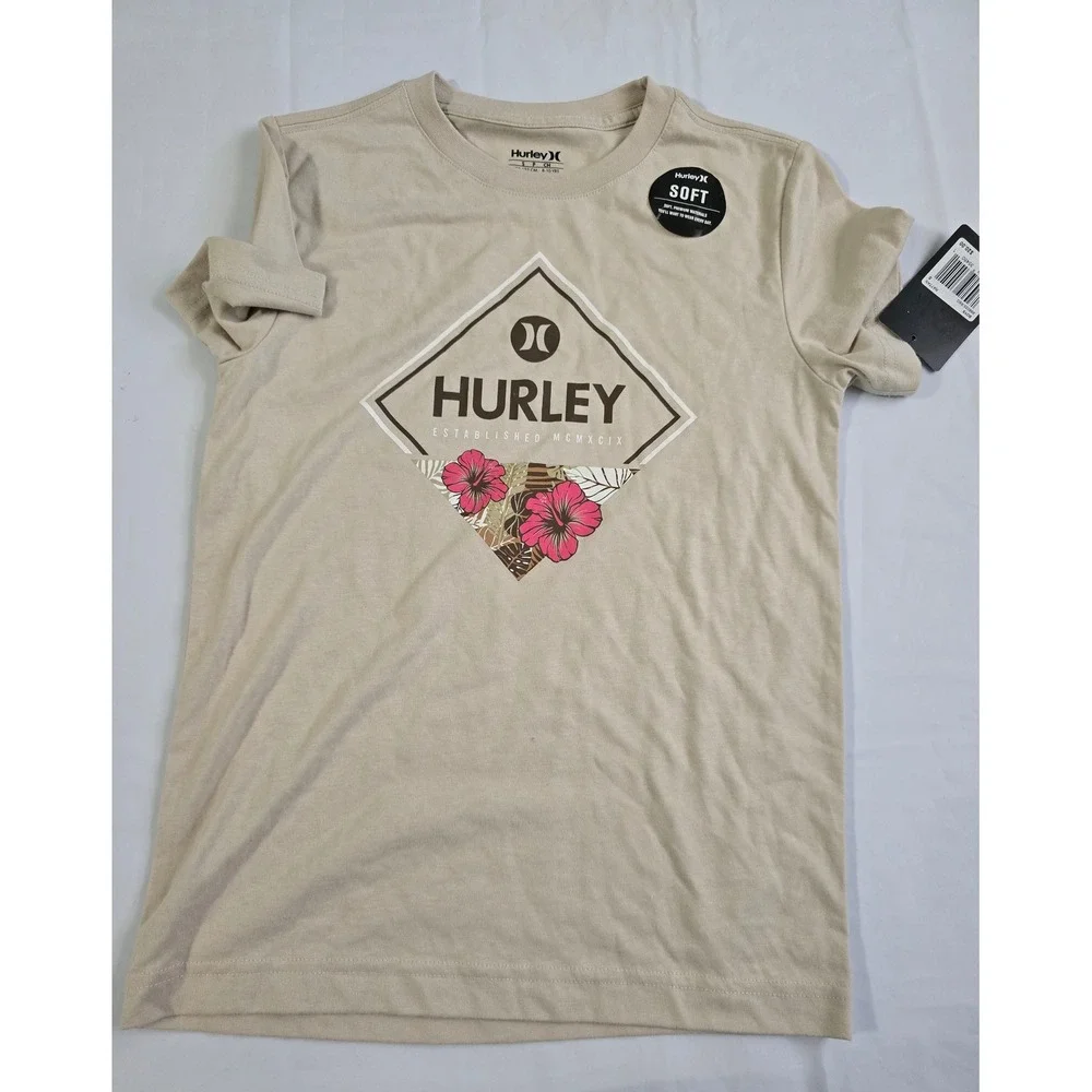 Hurley Boys Rattan Graphic T-Shirt Tan Hibiscus Logo Tee S 8-10 NWT